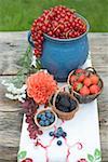 Summer berry still life on rustic table out of doors