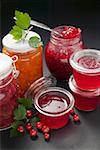 A selection of jams & jelly in jars, redcurrants & leaves