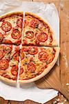 Cheese and tomato pizza with oregano (quartered)