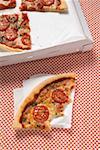 Tomato pizza in pizza box, slice with bites taken beside it