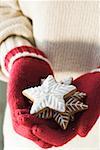 Hände in wollene Handschuhe halten Lebkuchen Sterne