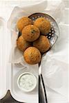 Falafel (chick-pea balls) with yoghurt dip in lunch box