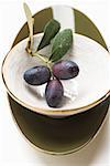 Olive sprig with black olives in white bowl