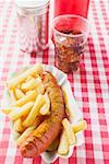 Sausage with ketchup & curry powder with chips in paper dish, cola