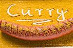 Currywurst and the word 'Curry' written in curry powder