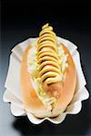 Hot-Dog mit Sauerkraut und Senf in Papier-Schale