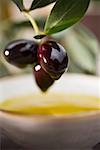 Olive sprig with black olives over bowl of olive oil
