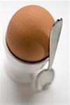 Brown egg in eggcup, spoon leaning against it