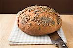 Vollkornbrot mit Kürbiskernen auf Geschirrtuch mit brotmesser