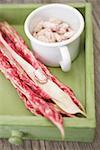 Borlotti beans in cup, pods beside it