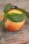 Nectarine with leaves on wooden background