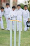 Close-up of cricket stump with cricket players standing in the background