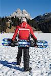 Frau Snowboarden, Tre Cime di Lavaredo, Misurina, Auronzo di Cadore, Belluno, Region Venetien, Italien