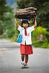 Schoolgirl Carrying Wood, Ambarita, Samosir Island, Sumatra, Indonesia