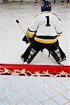 Rear View of Goalie During Hockey Game