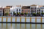 Houses and Cafes in Triana District, Guadalquiver River, Seville, Andalusia, Spain