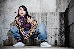 Female Hip Hop Dancer Crouching Down in front of Wall