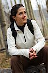 Portrait of Woman Taking a Break while Hiking, Sangre de Cristo Mountains, New Mexico, USA