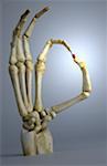 Skeletal hand holding a pill