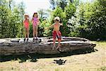 Three young children playing on a fallen log.