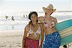 Zwei Frauen am Strand mit einem Surfbrett.