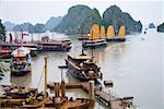 Boats and rocky islands in Vietnamese harbor