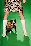 Low section of woman in animal print with dog