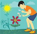 Boy looking at butterfly through magnifying glass