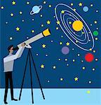 Side view of a man standing and looking stars through telescope