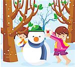 Children playing in the snow with a snowman