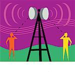 Communication tower with human figures and signals