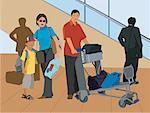 Touristen stehen mit Gepäck von Rolltreppe