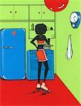 Woman in rollerskates in kitchen cooking