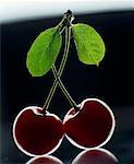 Two cherries with stalk and leaves