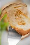 Fried cep slice on fork (close- up)