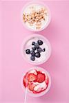 Strawberry yoghurt, blueberry yoghurt & yoghurt with cereal