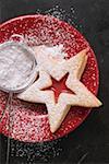 Jam biscuit on plate with icing sugar