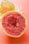 Squeezed pink grapefruit in front of citrus squeezer