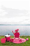 Woman in pink picnicking by bay