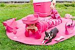 Woman in pink and dog picnicking
