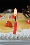Nahaufnahme einer beleuchteten Kerze auf einem Geburtstagskuchen