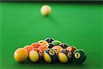 Close-up of pool balls on a pool table