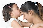 Side profile of a girl kissing her mother's forehead