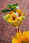 Mango slices and melon slices with mint leaves in a martini glass