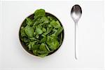 Bowl of spinach and watercress and a spoon