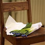 Jacinthes fleurs sur une chaise en bois