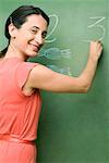 Portrait of a female teacher writing on a blackboard