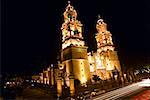 Low angle view of a cathedral lit up at night, Morelia Cathedral, Morelia, Michoacan State, Mexico