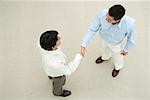 Two men shaking hands, overhead view