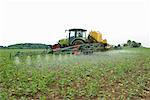 Tractor in field spraying crop
